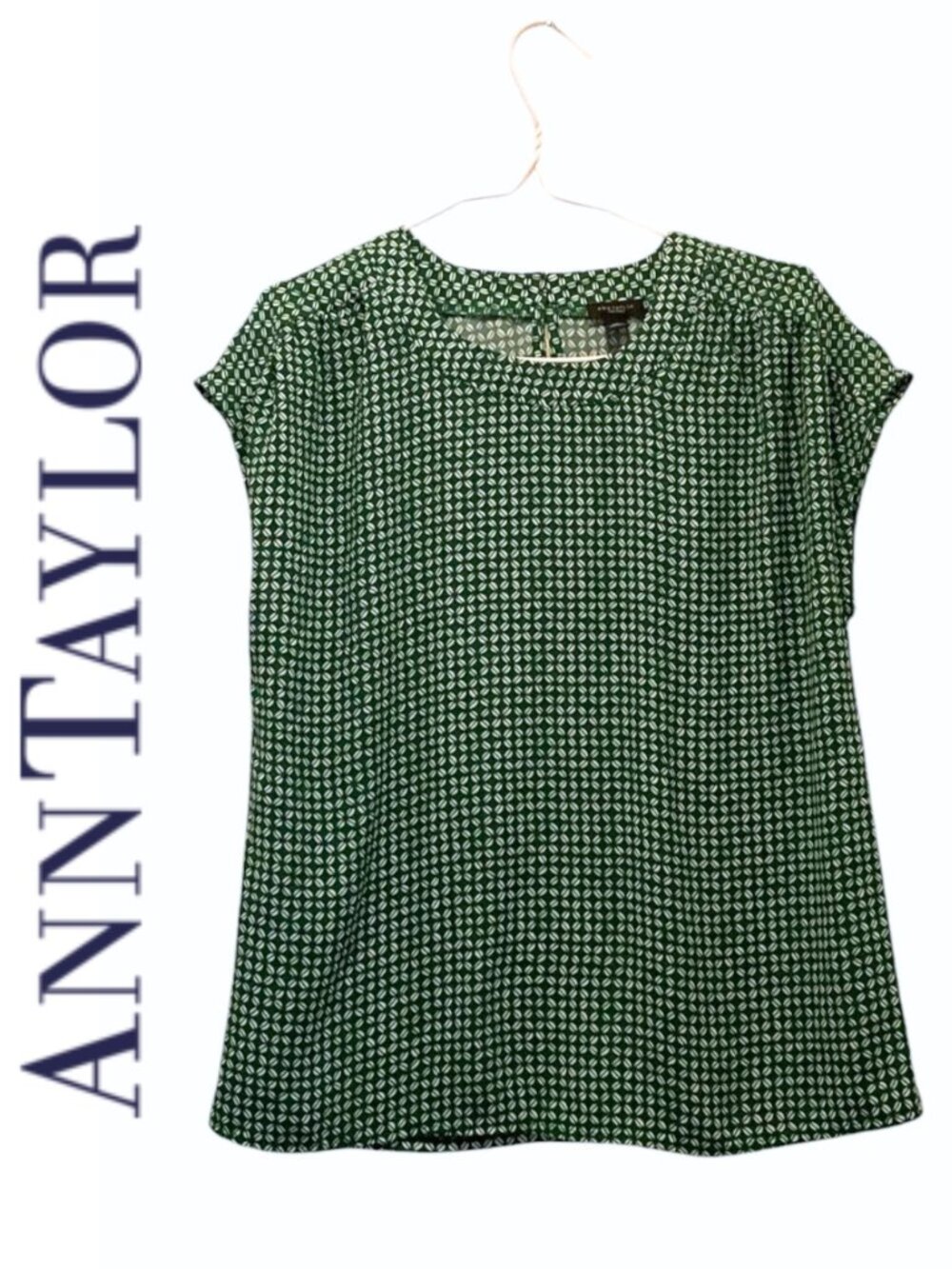 Ann Taylor Green Geometric Print Cap Keyhole Back Sleeve Blouse Top SZ